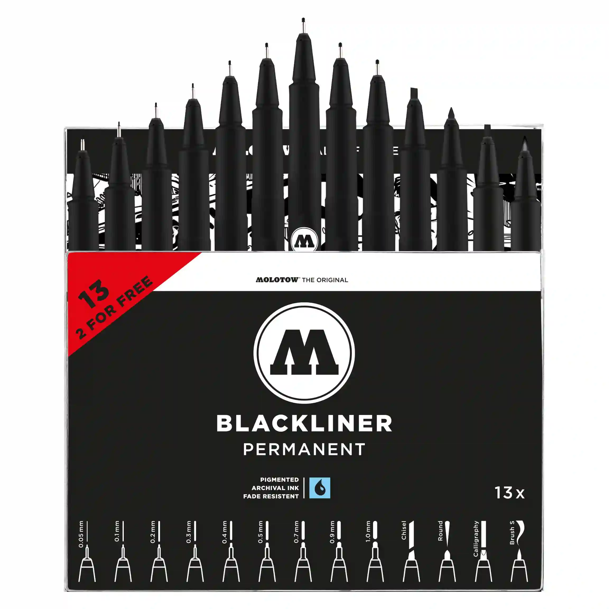 Molotow Blackliner Fineliner Zwart Set Compleet 13 Stuks