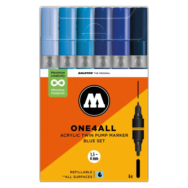 Molotow ONE4ALL TWIN Verfstift Set Blauw 6 Stuks - Acrylmarker 1,5 en 4 mm