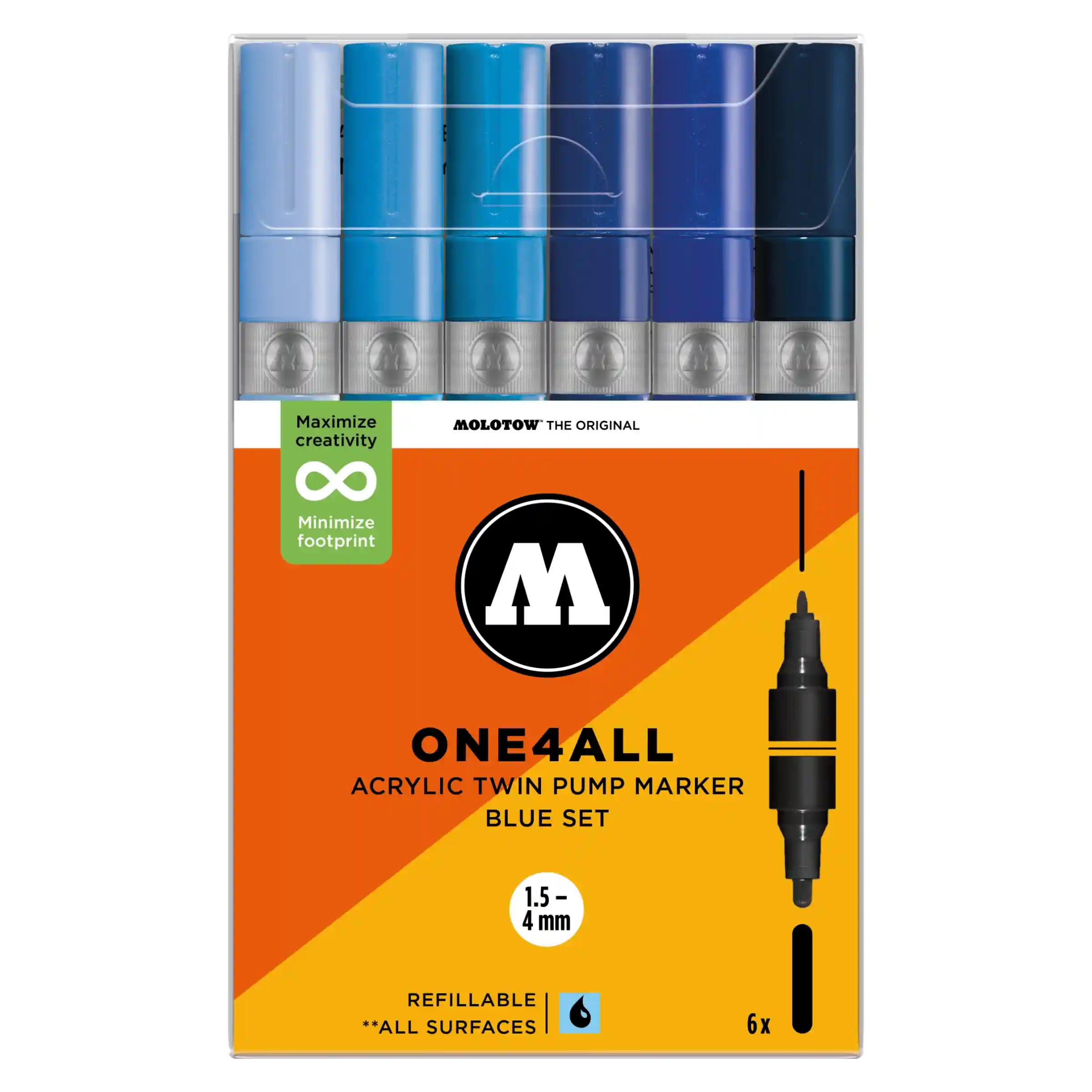 Molotow ONE4ALL TWIN Verfstift Set Blauw 6 Stuks - Acrylmarker 1,5 en 4 mm