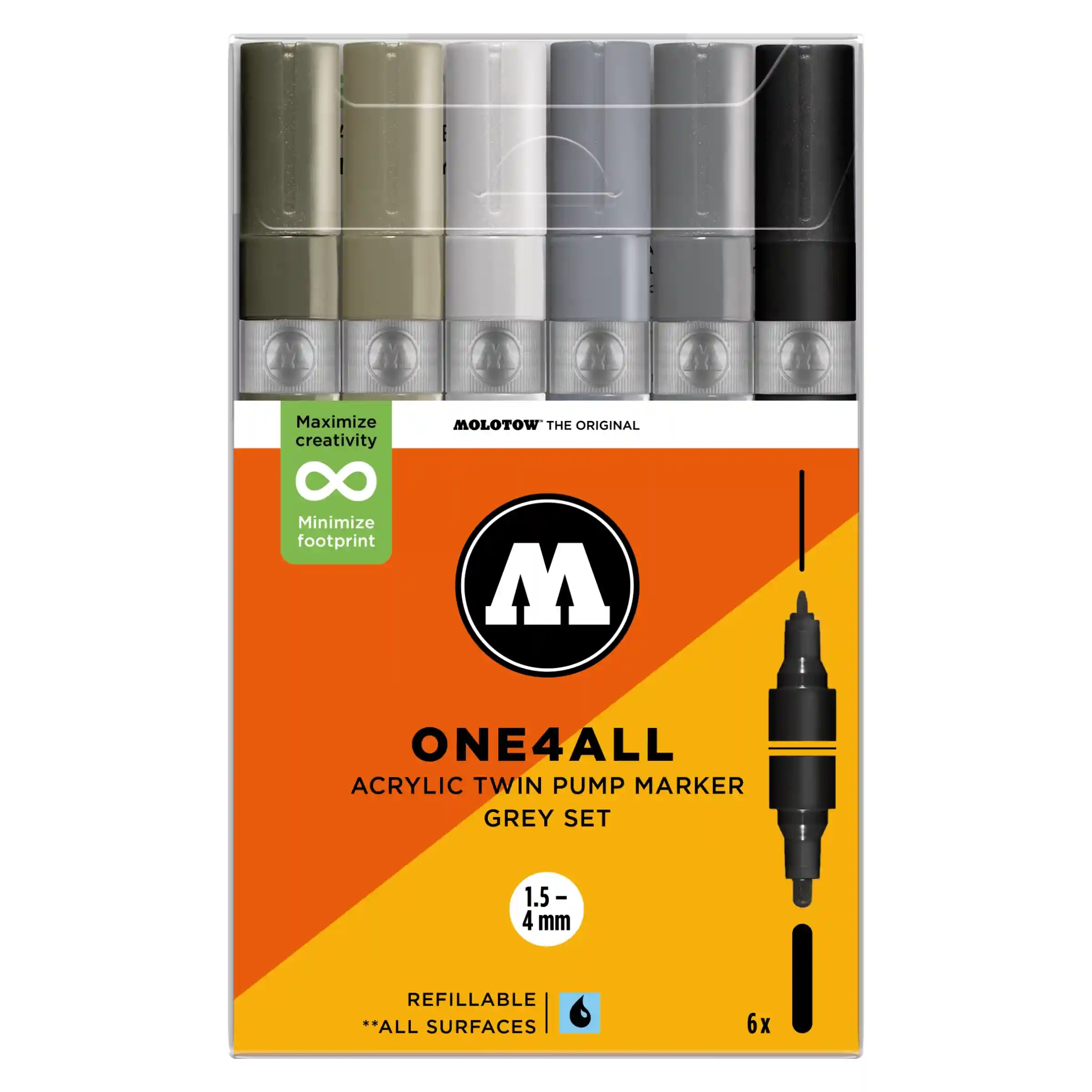 Molotow ONE4ALL TWIN Verfstift Set Grijs 6 Stuks - Acrylmarker 1,5 en 4 mm