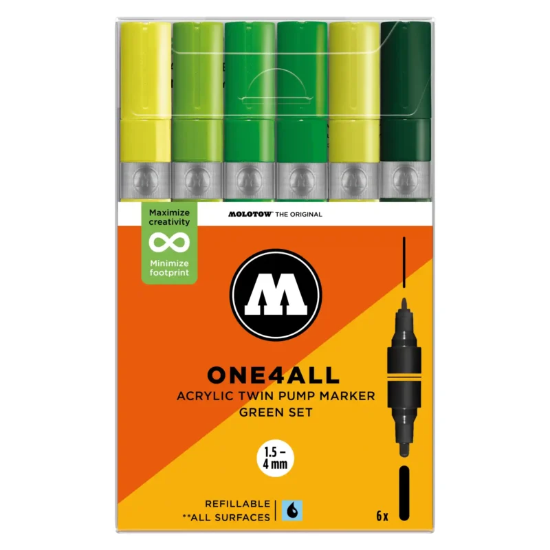 Molotow ONE4ALL TWIN Verfstift Set Groen 6 Stuks - Acrylmarker 1,5 en 4 mm
