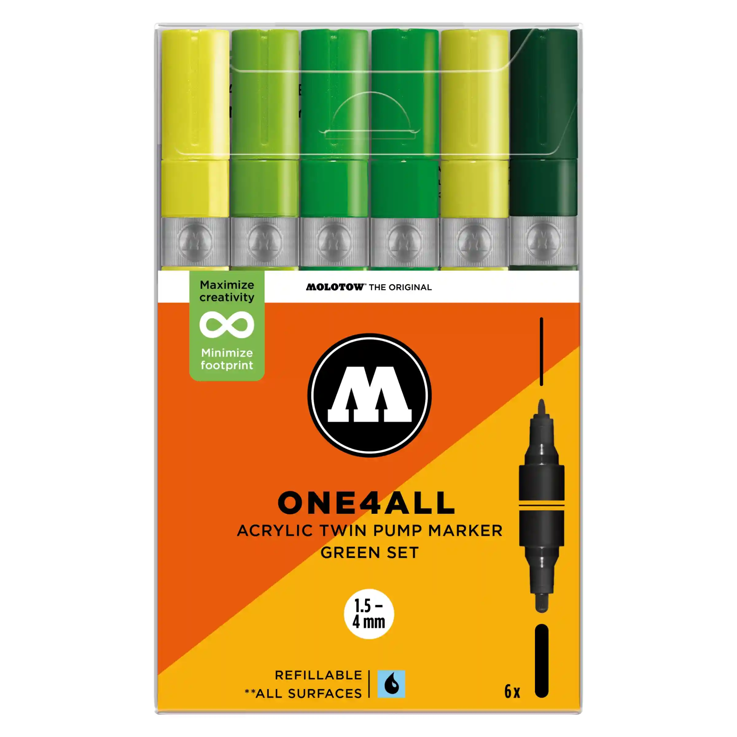 Molotow ONE4ALL TWIN Verfstift Set Groen 6 Stuks - Acrylmarker 1,5 en 4 mm