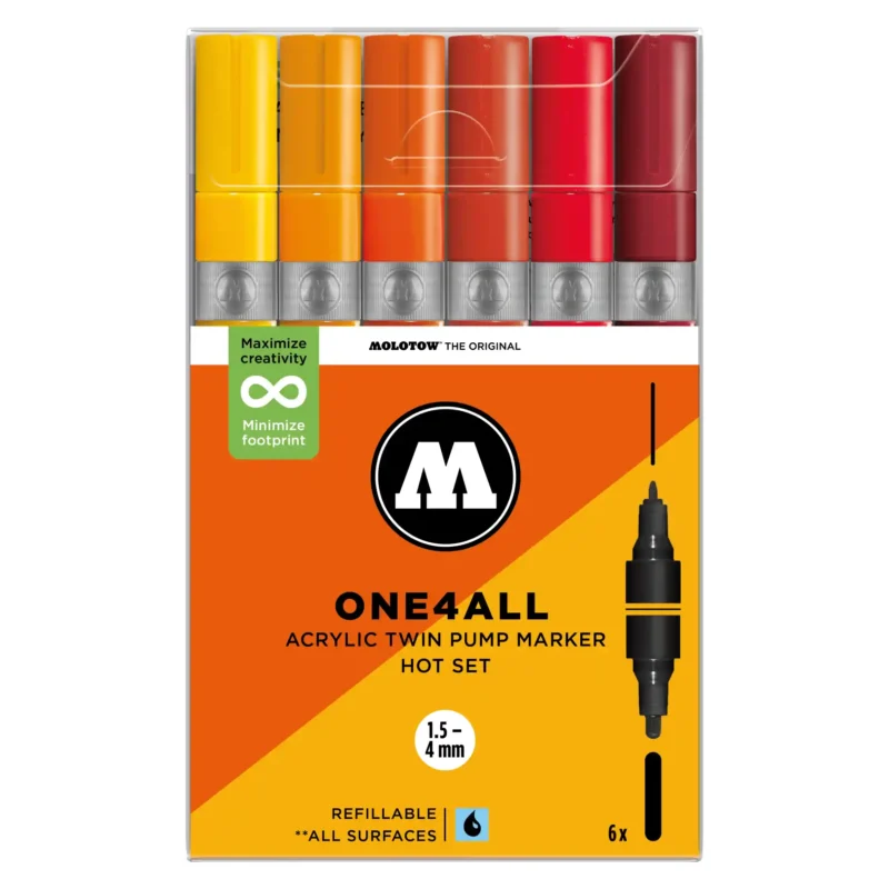 Molotow ONE4ALL TWIN Verfstift Set Hot 6 Stuks - Acrylmarker 1,5 en 4 mm