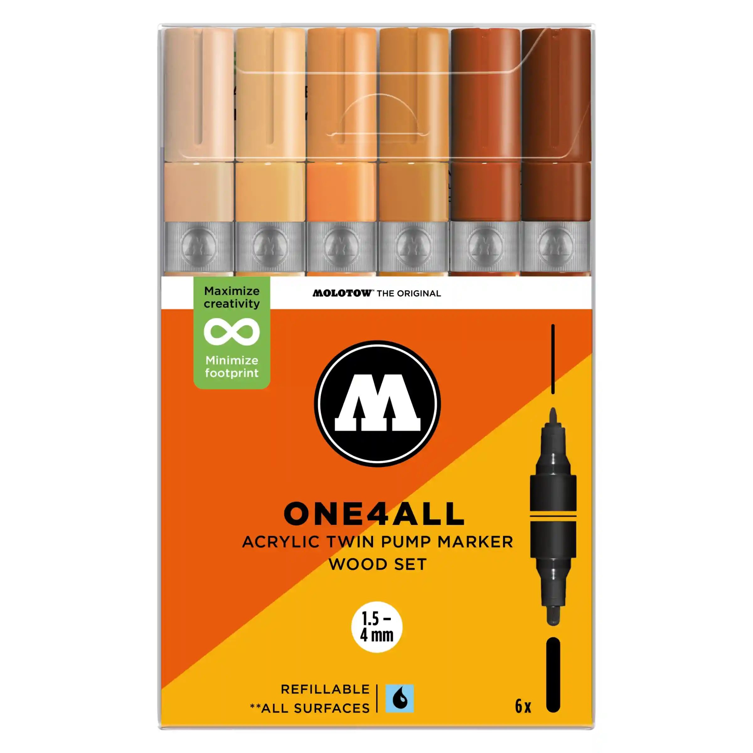 Molotow ONE4ALL TWIN Verfstift Set Hout 6 Stuks - Acrylmarker 1,5 en 4 mm