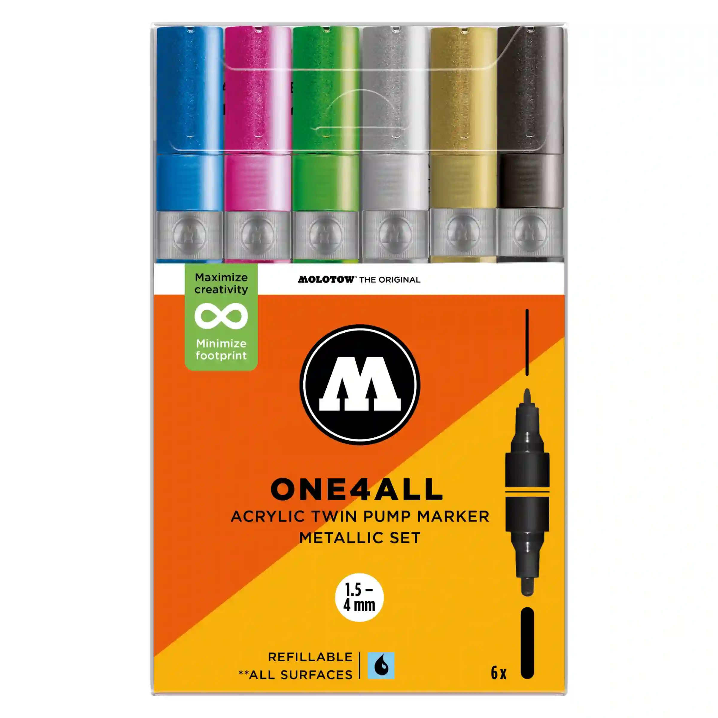 Molotow ONE4ALL TWIN Verfstift Set Metallic 6 Stuks - Acrylmarker 1,5 en 4 mm