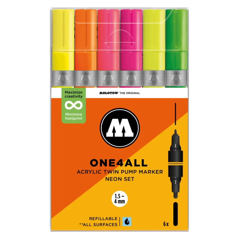 Molotow ONE4ALL TWIN Verfstift Set Neon 6 Stuks - Acrylmarker 1,5 en 4 mm