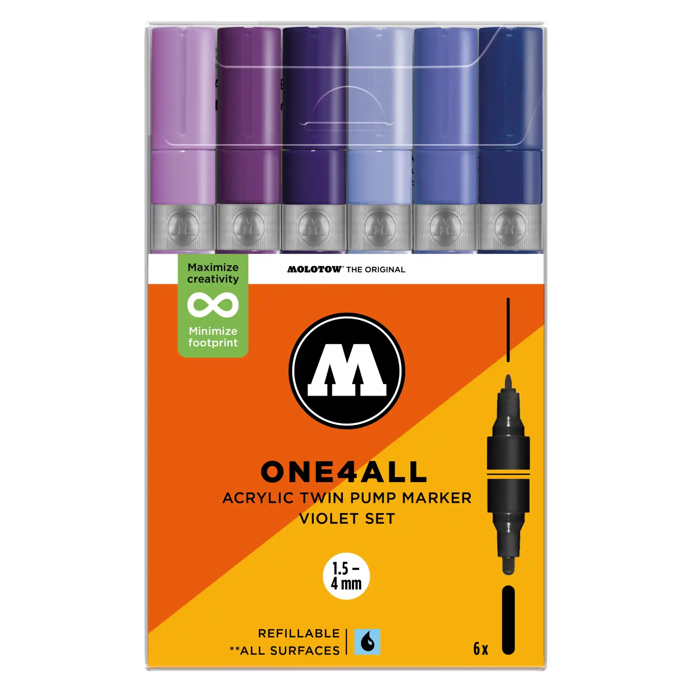 Molotow ONE4ALL TWIN Verfstift Set Violet 6 Stuks - Acrylmarker 1,5 en 4 mm