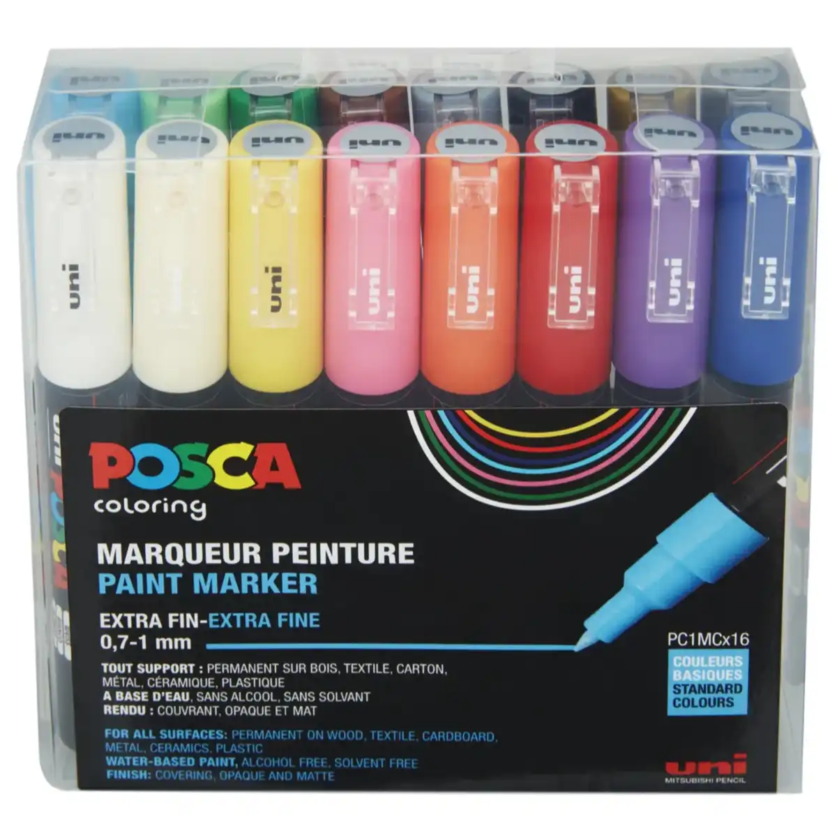 Posca PC-1MC Verfstift Set Standaard Kleuren 16 Stuks - Acrylmarker Extra Fijn