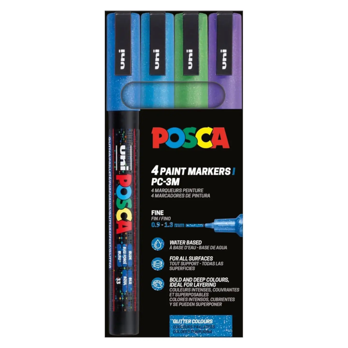 Posca PC-3M Verfstift Set Glitter Koude Kleuren 4 Stuks - Acrylmarker Fijn