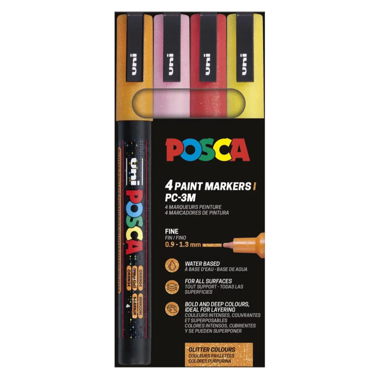 Posca PC-3M Verfstift Set Glitter Warme Kleuren 4 Stuks - Acrylmarker Fijn