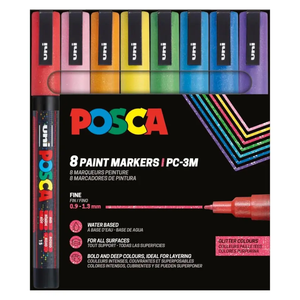 Posca PC-3M Verfstift Set Glitter Kleuren 8 Stuks - Acrylmarker Fijn