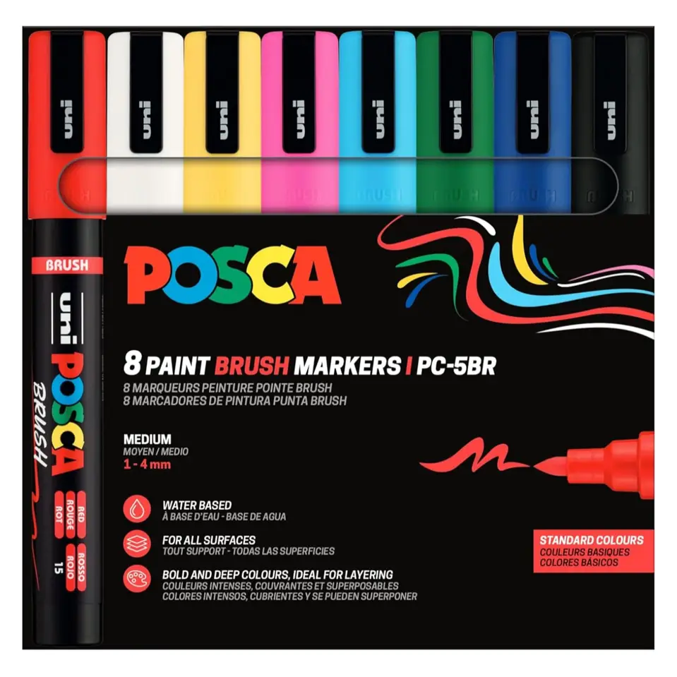 Posca PC-5BR Verfstift Set Standaard Kleuren 8 Stuks - Acrylmarker Brush
