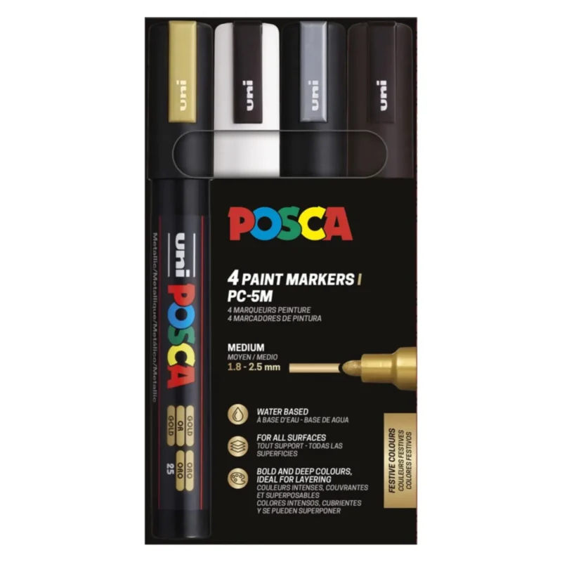 Posca PC-5M Verfstift Set Feestelijke Kleuren 4 Stuks - Acrylmarker Medium