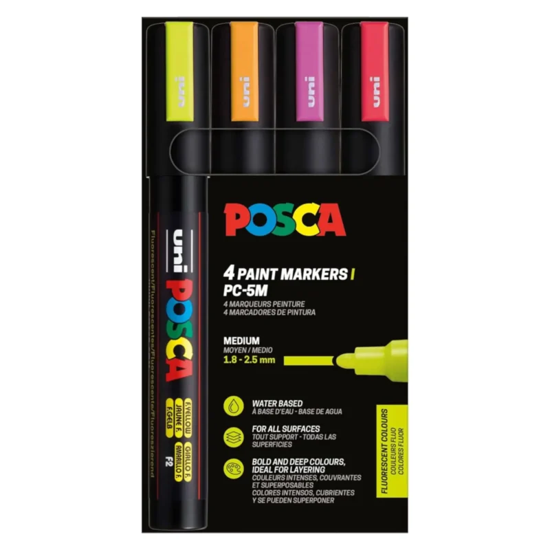 Posca PC-5M Verfstift Set Fluorescerende Kleuren 4 Stuks - Acrylmarker Medium
