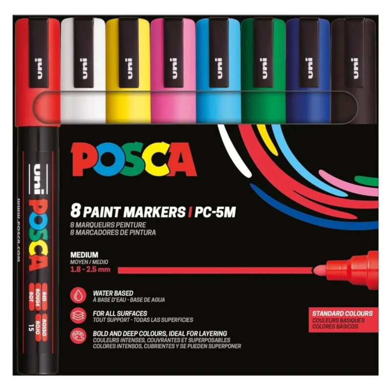 Posca PC-5M Verfstift Set Standaard Kleuren 8 Stuks - Acrylmarker Medium
