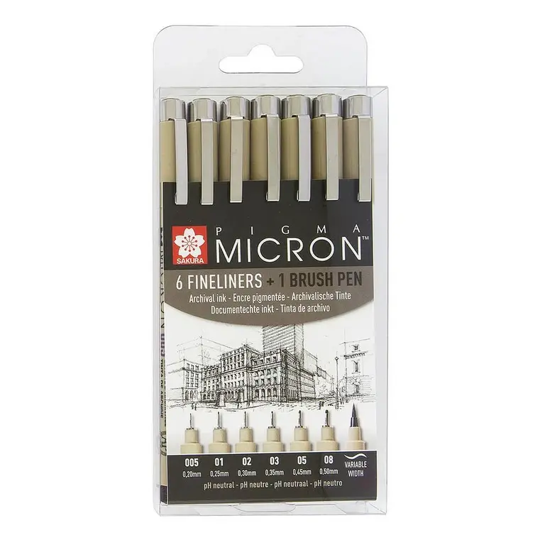 Sakura Pigma Micron Fineliner Set Zwart 6 Stuks + 1 Brush Pen